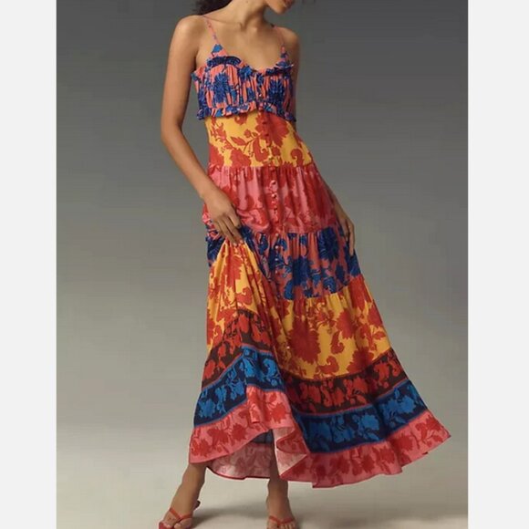 Farm Rio x Anthropologie Button-Front Tiered Maxi Dress Floral Size XS NWT - Picture 5 of 6